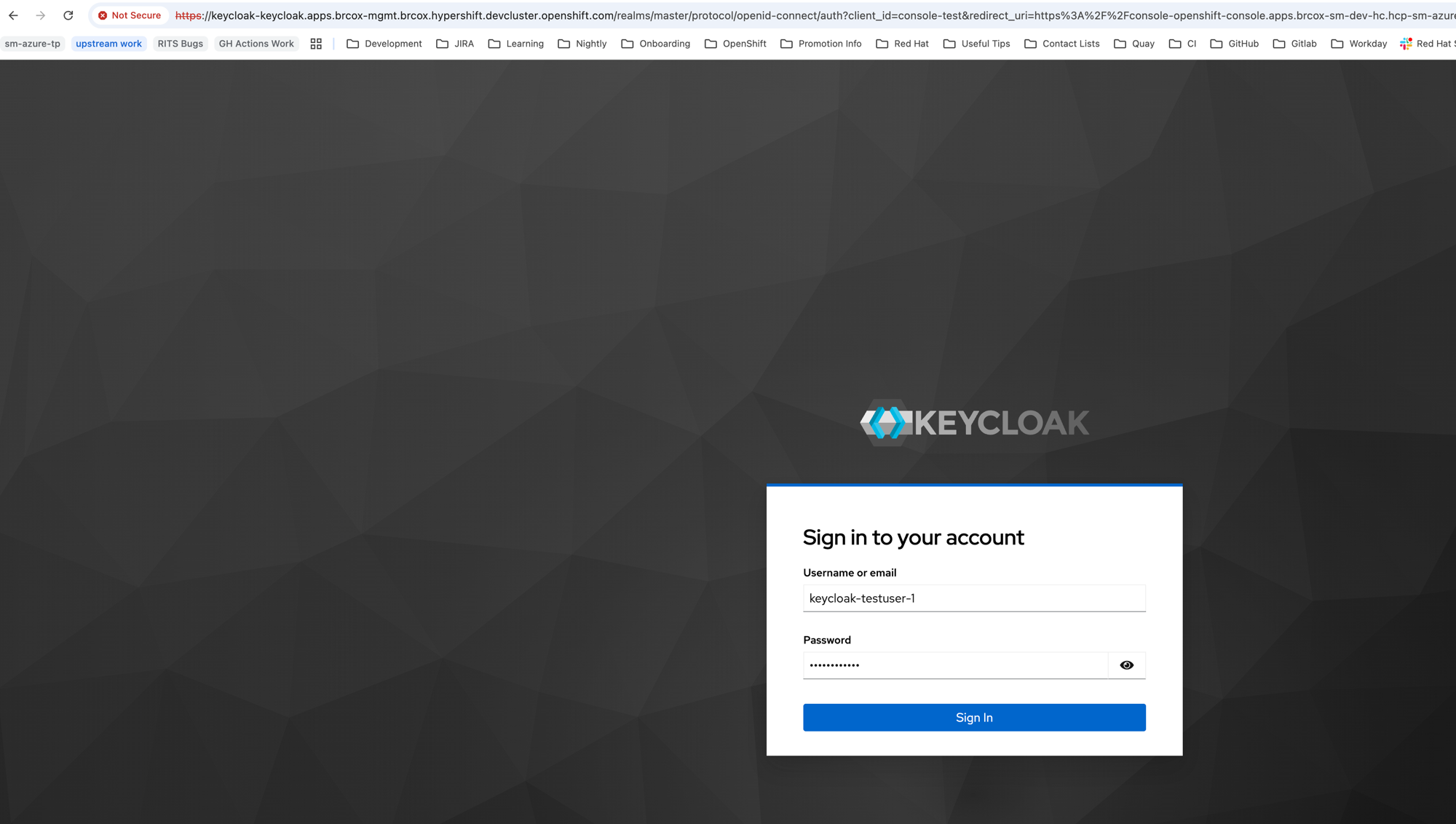 Keycloak login page showing Sign in form with username keycloak-testuser-1