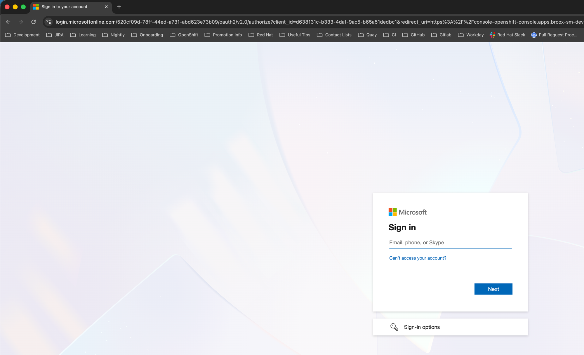 Azure AD login page showing Microsoft Sign in dialog