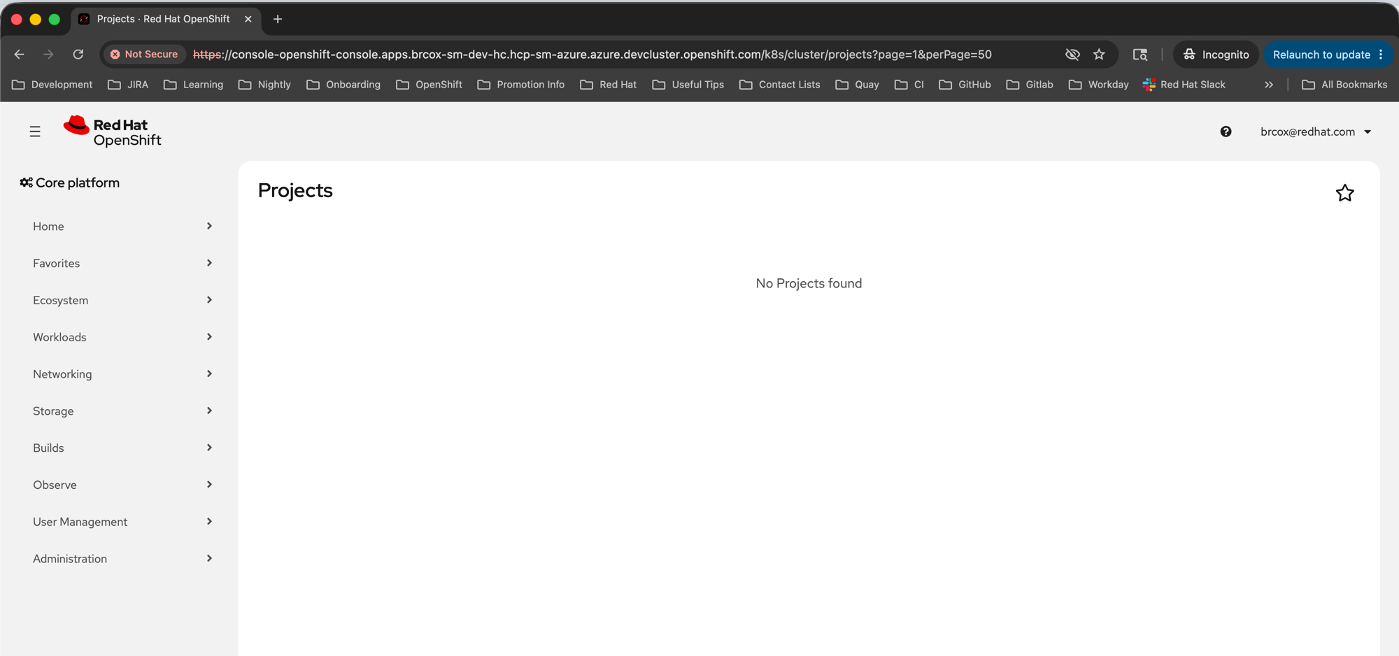 OpenShift console showing OIDC user identity in top right